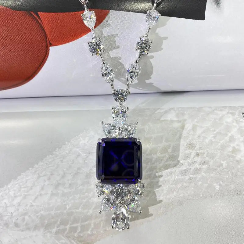 Luxury Square Silver Pendants Noble Full Diamonds 40cm Necklace