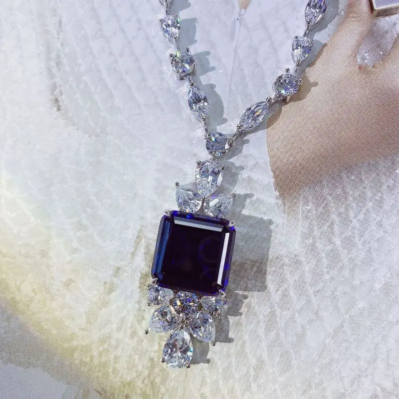 Luxury Square Silver Pendants Noble Full Diamonds 40cm Necklace