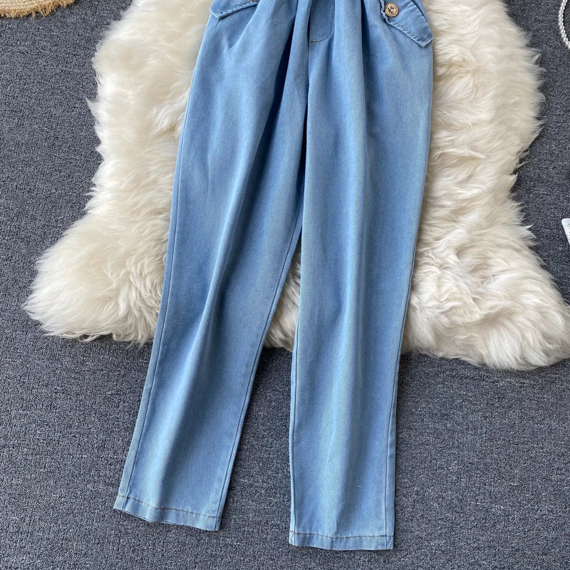 Soild V Neck Elastic Waist Button Pockets Denim Jumpsuits