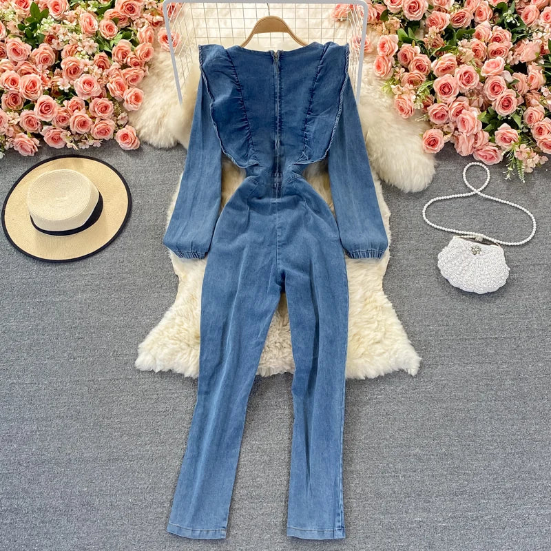 Casual Ruffles Square Collar Washed Blue Jean Rompers