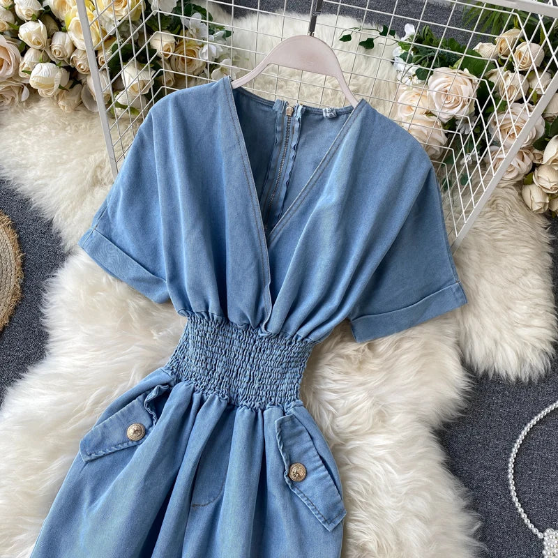 Soild V Neck Elastic Waist Button Pockets Denim Jumpsuits