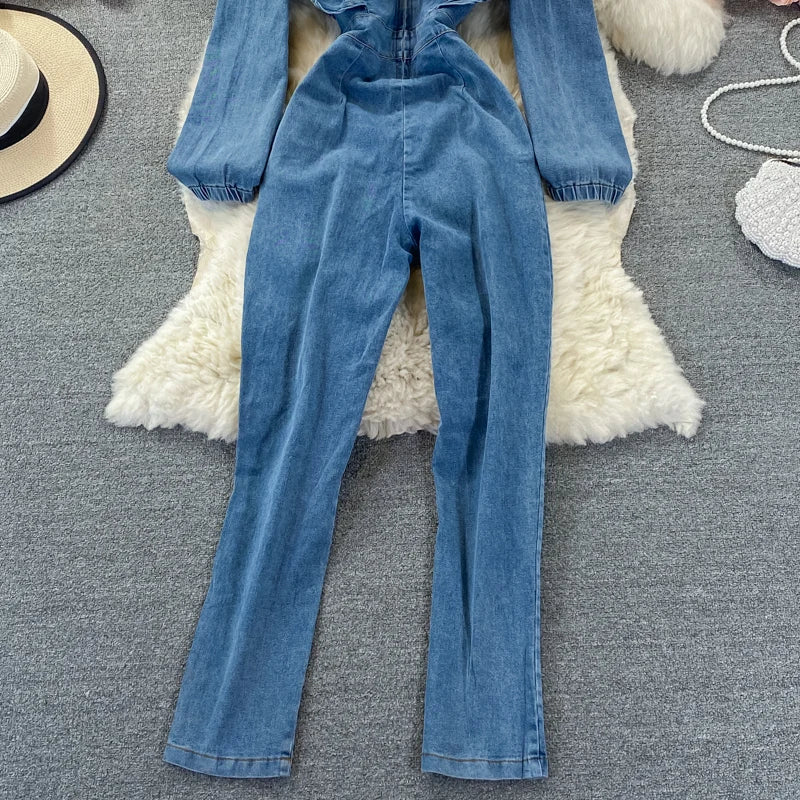 Casual Ruffles Square Collar Washed Blue Jean Rompers