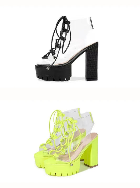 Transparent Lace-Up Chunky Heel Peep Toe Platform Boots