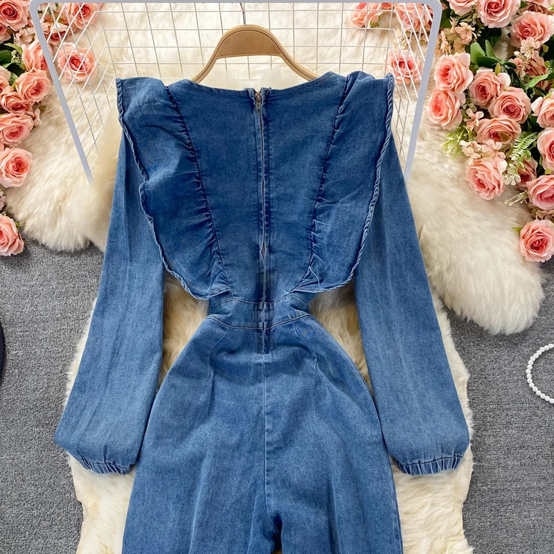 Casual Ruffles Square Collar Washed Blue Jean Rompers