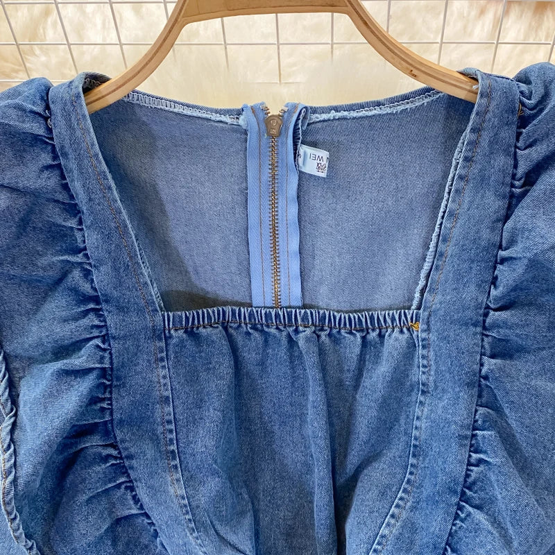 Casual Ruffles Square Collar Washed Blue Jean Rompers