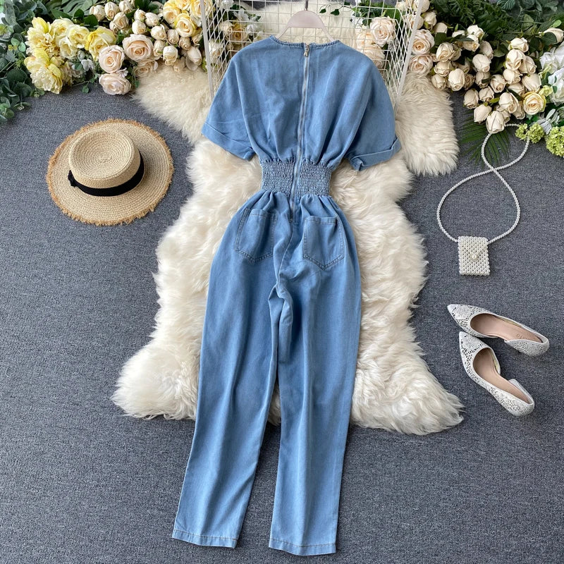 Soild V Neck Elastic Waist Button Pockets Denim Jumpsuits