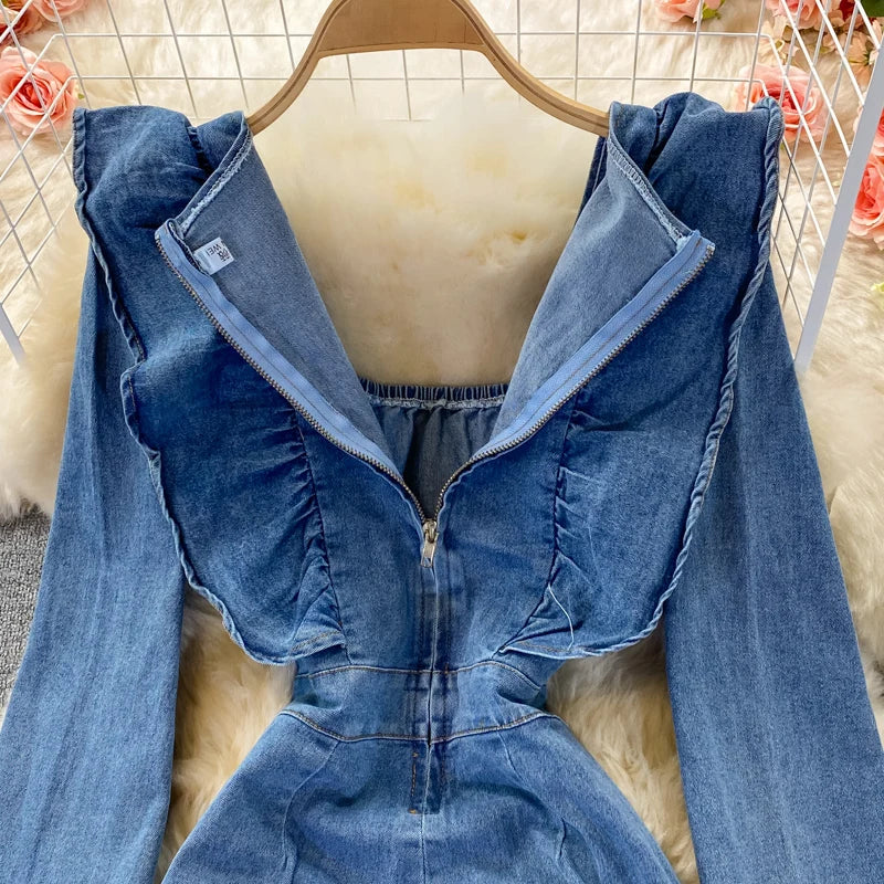 Casual Ruffles Square Collar Washed Blue Jean Rompers