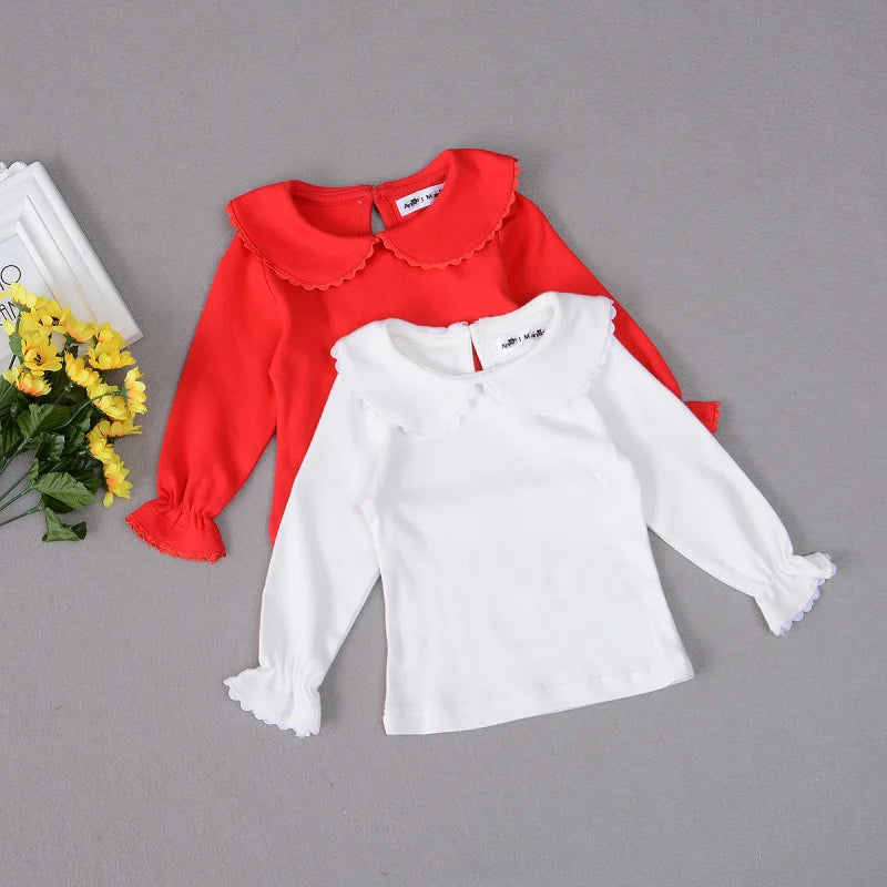 Red + WHITE Collared Blouse Girl's Long Flare Sleeve