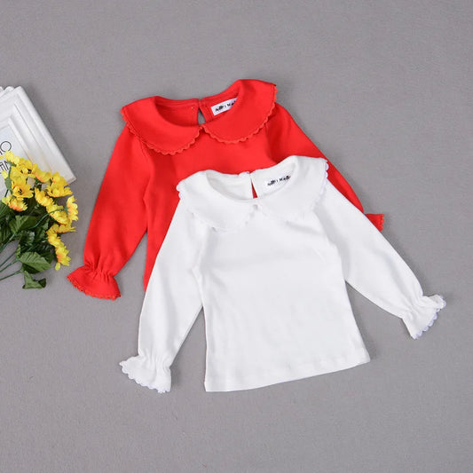 Red + WHITE Collared Blouse Girl's Long Flare Sleeve