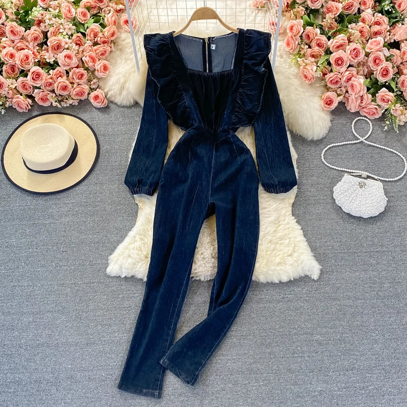 Casual Ruffles Square Collar Washed Blue Jean Rompers