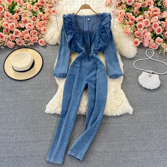 Casual Ruffles Square Collar Washed Blue Jean Rompers