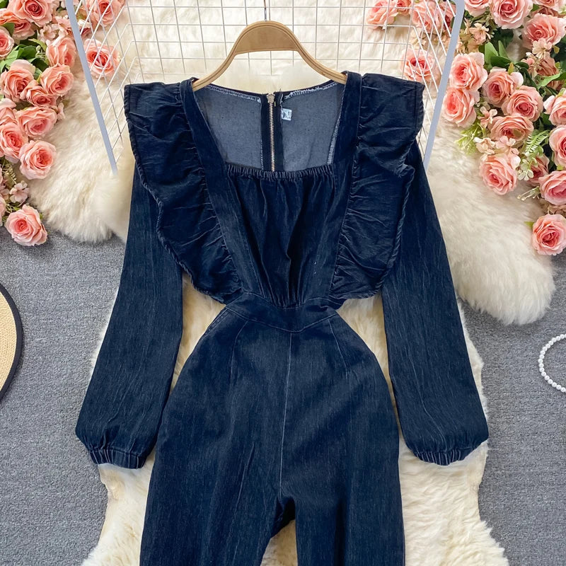 Casual Ruffles Square Collar Washed Blue Jean Rompers