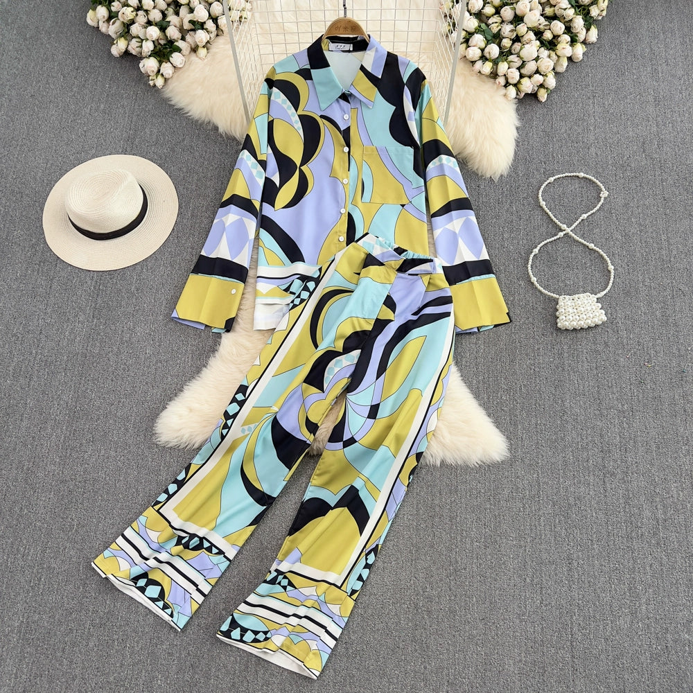 Thin Lapel Printed Long-sleeved Wide-leg 2pc Pijama Suit