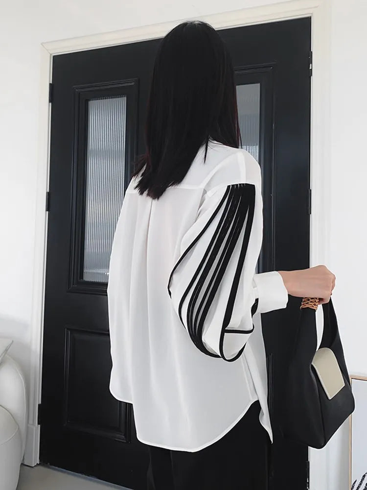 Striped Blouse Lapel Lantern Sleeve BLK + WHITE Patchwork Loose Casual Blouse