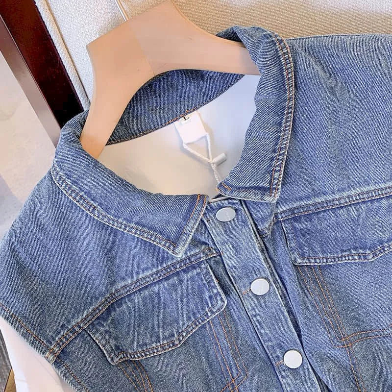 Polo-Neck Oversized Denim Patchwork One Piece Long Sleeve Blouse