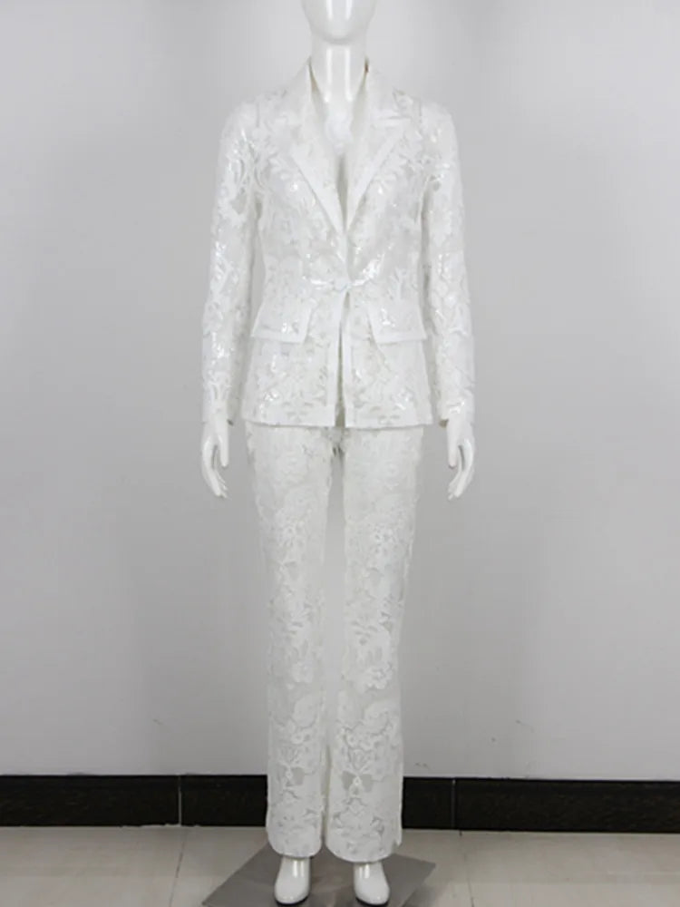 White Lace Embroidery Long Sleeve Blazer + Flare Pants 2pc Set