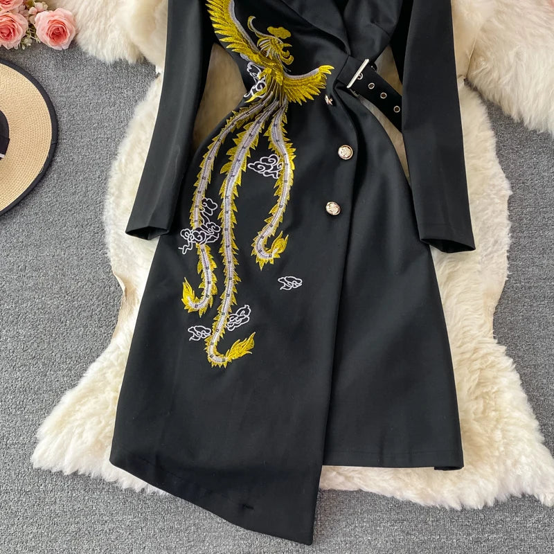 Embroidered Irregular Button Stand Neck Long Sleeve Midi Waist Dress + Belt