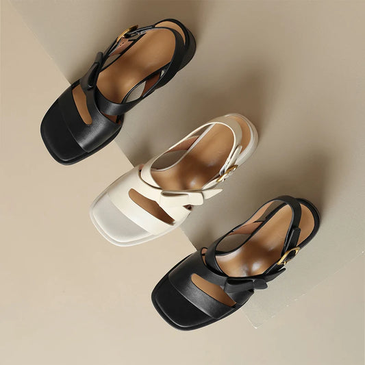 BLK + WHITE Genuine Leather Casual Slipper Sandal Heels