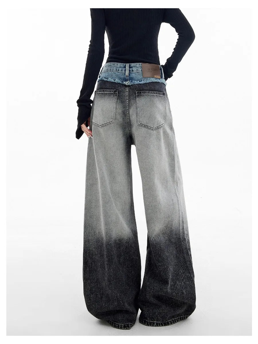 Women's Retro Two-Tone Wide Leg Baggy Denim Trousers