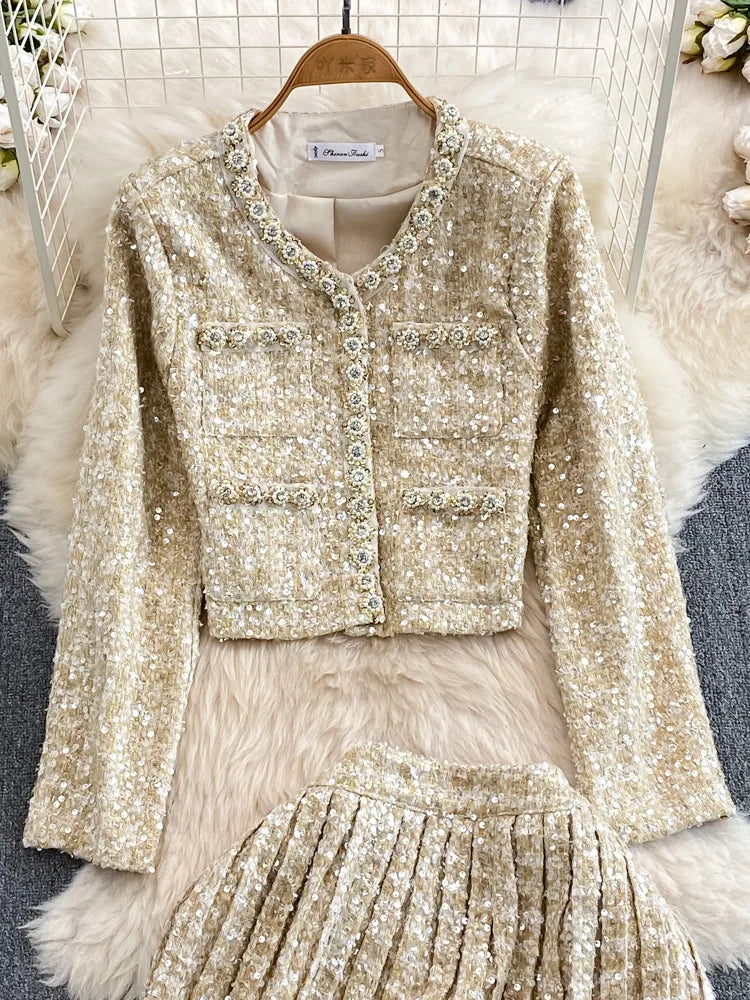 Apricot Tweed Buttons Sequins Short Coat + Pleated Mini Skirts 2pc Suit