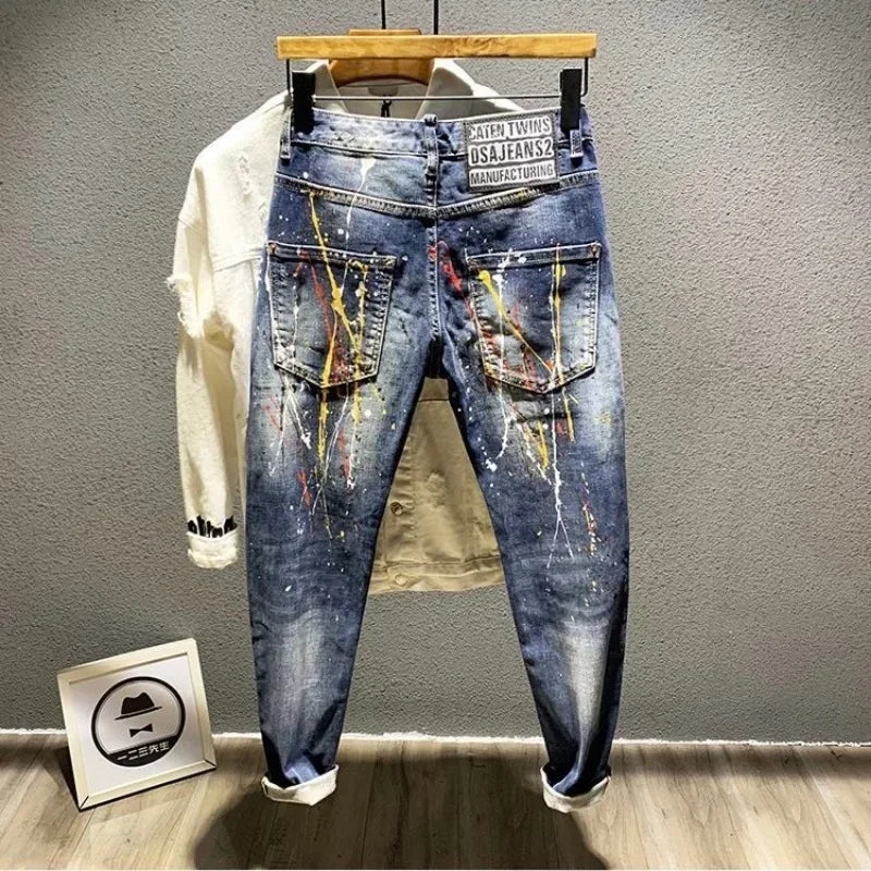 Graphic Assorted Styles Cropped Elastic Men's Blue Jeans