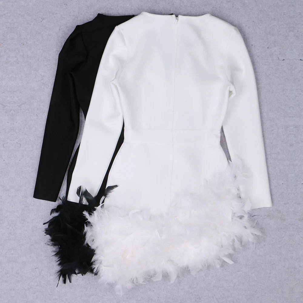 V Neck Long Sleeve Feather Black + White Mini Bandage Dress