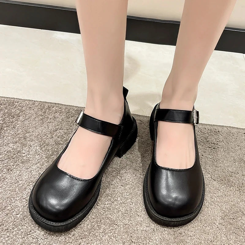 British Academy Style Low Heel Round Toe Leather Shoes