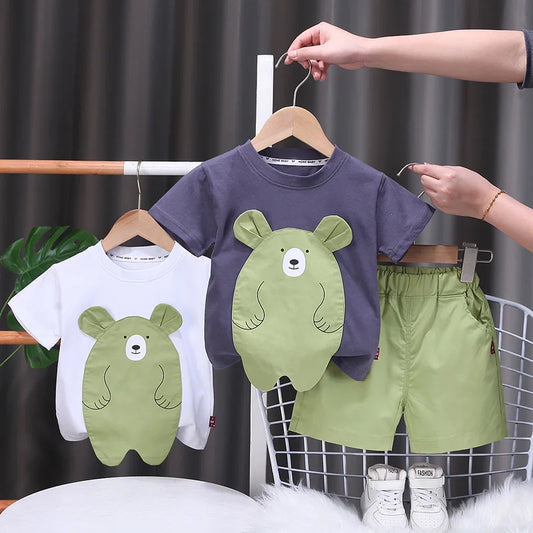 Green Bear T-shirts + Shorts 2pc Cartoon Toddler Outfit