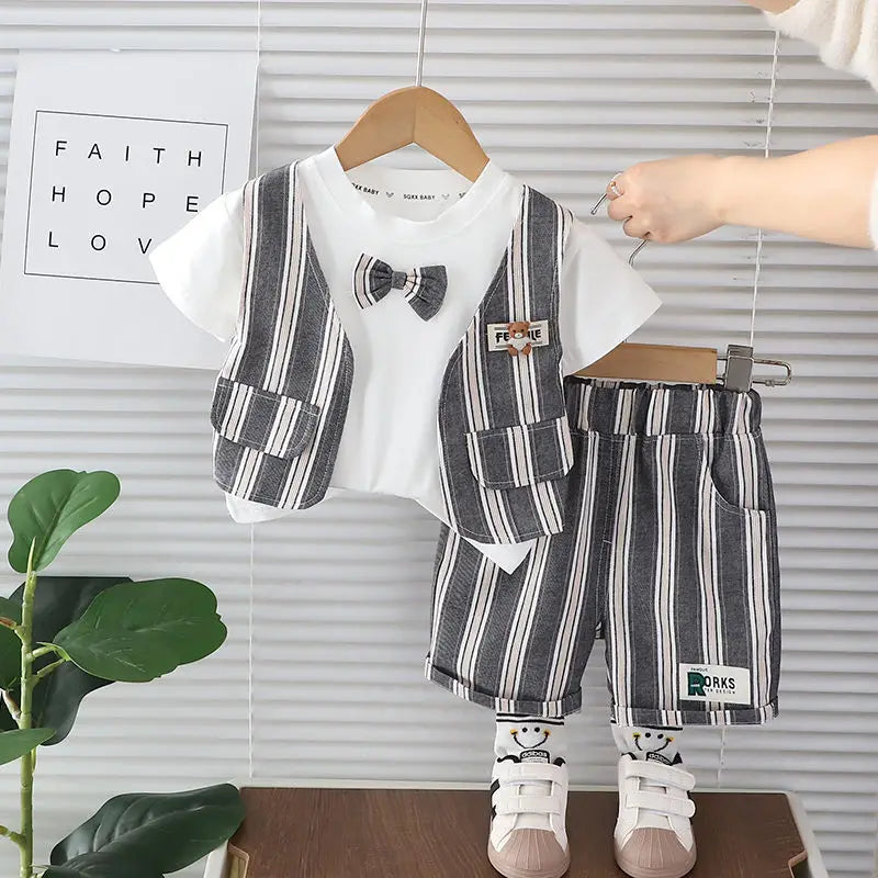 Boys Bow Tie Patchwork Shirt Short Pants 2pc Set