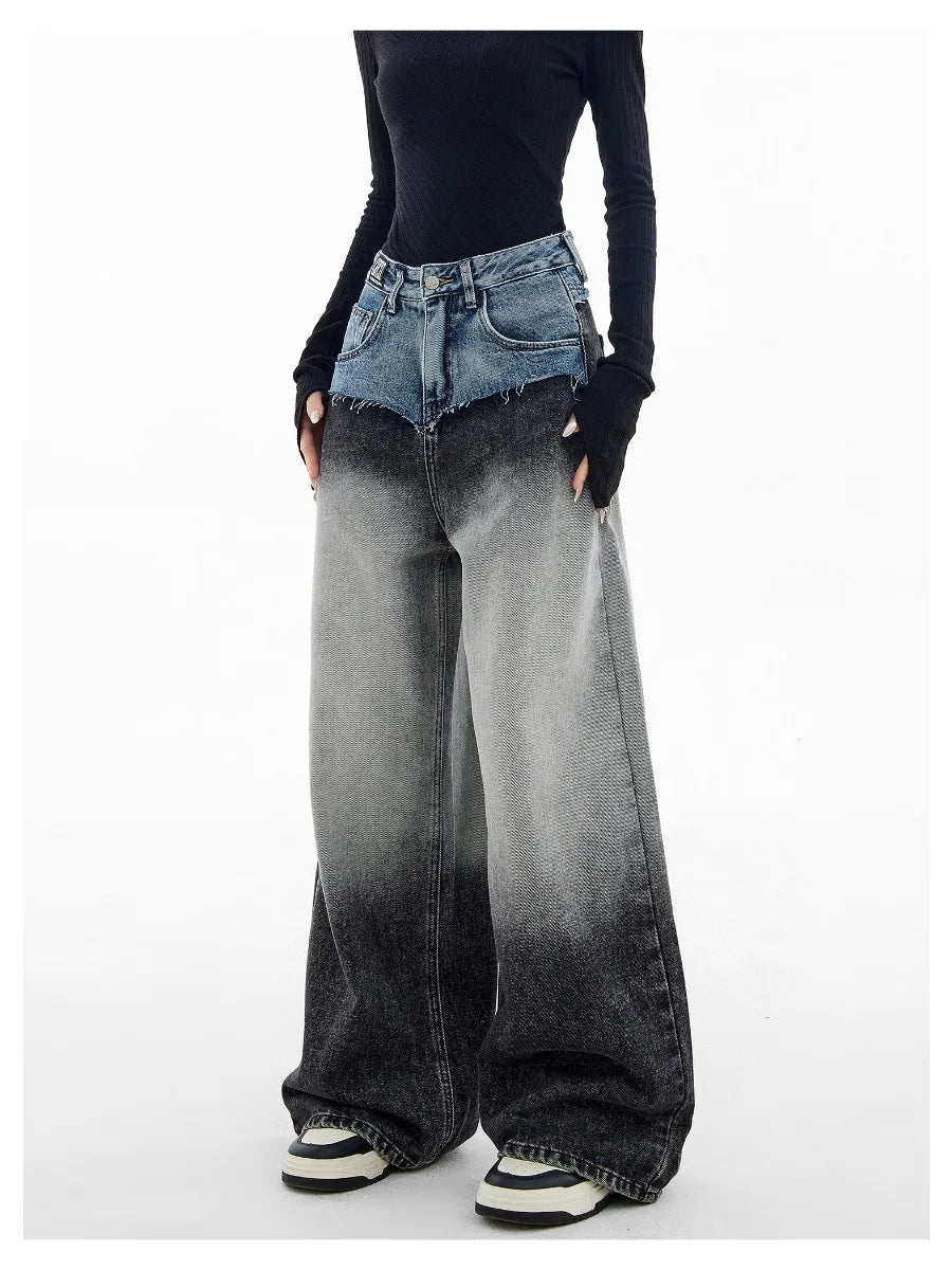 Women's Retro Two-Tone Wide Leg Baggy Denim Trousers