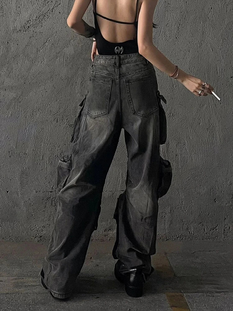 BLK Baggy Y2K Goth Punk Denim Cargo Stacked Jean Wide Leg Pants