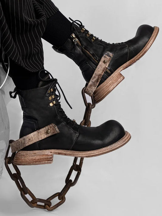 Genuine Leather BLK Ankle Winter Back Strap Lace-Up Boots