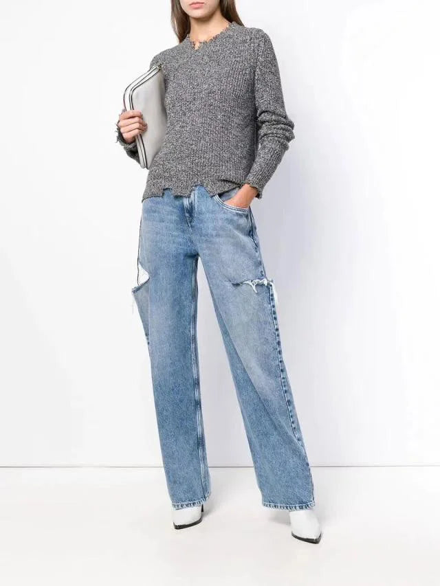 Retro High Waist Straight Leg Side Distressed Blue Jeans