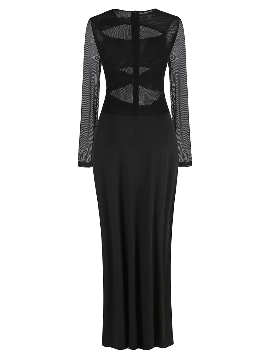 Long Sleeve Bow Tie Cut Out Black Maxi Gown