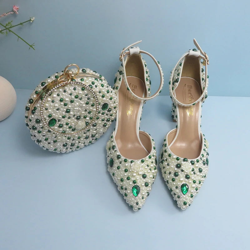 White |Green Pearl Shoes + Handbag High Heels Set