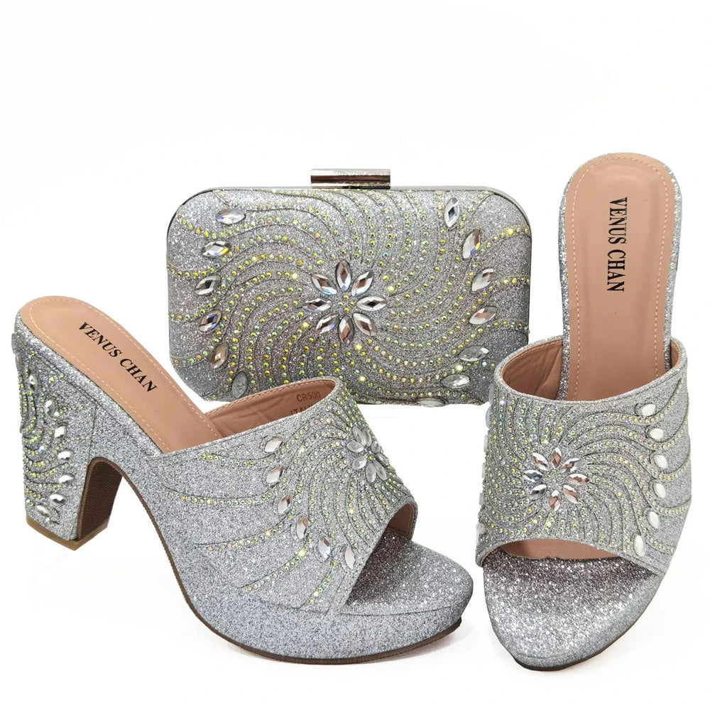 Geometric Pattern Water Diamond High Heels + Bag + Shoes