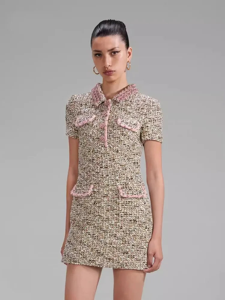 Vintage Diamond Lapel Collar Tweed Crystal Dress