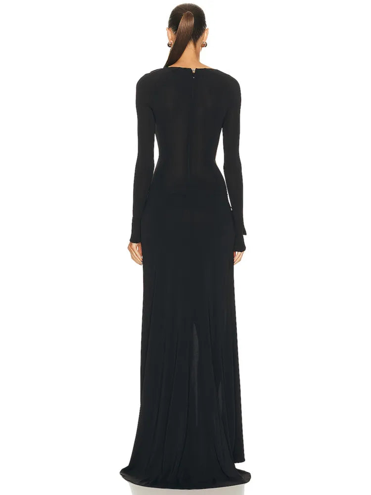 Long Sleeve Bow Tie Cut Out Black Maxi Gown