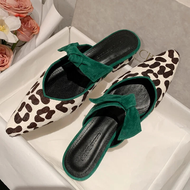 Butterfly-Knot Pointed Toe Cow Print Genuine Leather Low Heel Assorted Colors Shoes