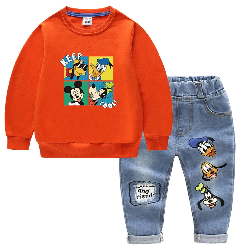 KEEP COOL Mickey Mouse House Assorted Long Sleeve Top + Cartoon Jean 2pc Sets