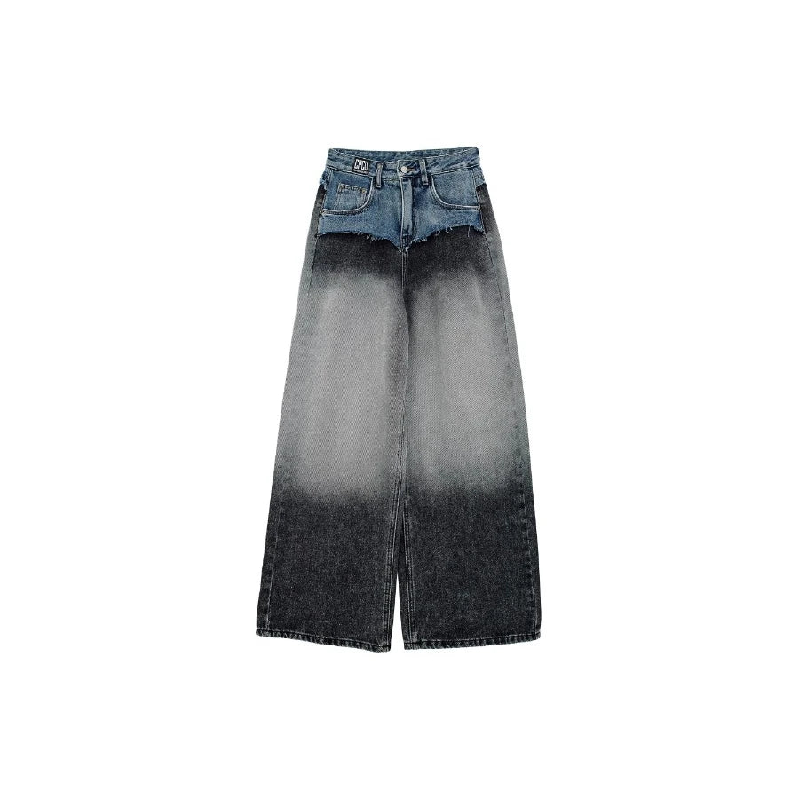 Women's Retro Two-Tone Wide Leg Baggy Denim Trousers