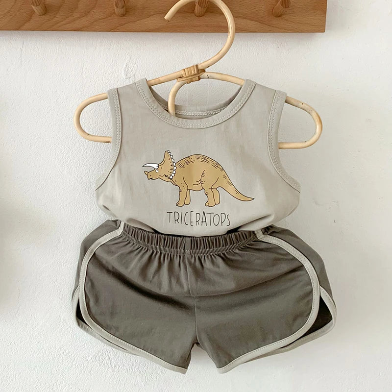 Sleeveless Cartoon Printed T-shirt+Shorts Toddler Baby Boys Girl Clothes Set