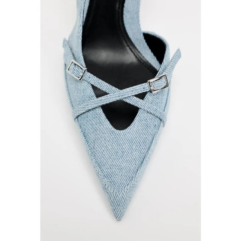 Denim Pointed Fine Buckle Strap Thin Assorted Colors Heels