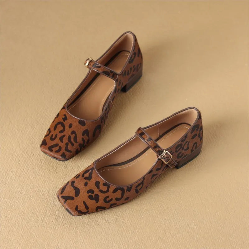 BLK + Leopard Square Toe Genuine Leather Buckle Strap Low Thick Casual Heel