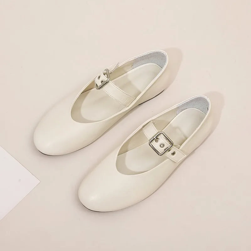 Genuine Leather Vintage Buckle Women's Pointed Toe BLK + CREAM Ballet Flats