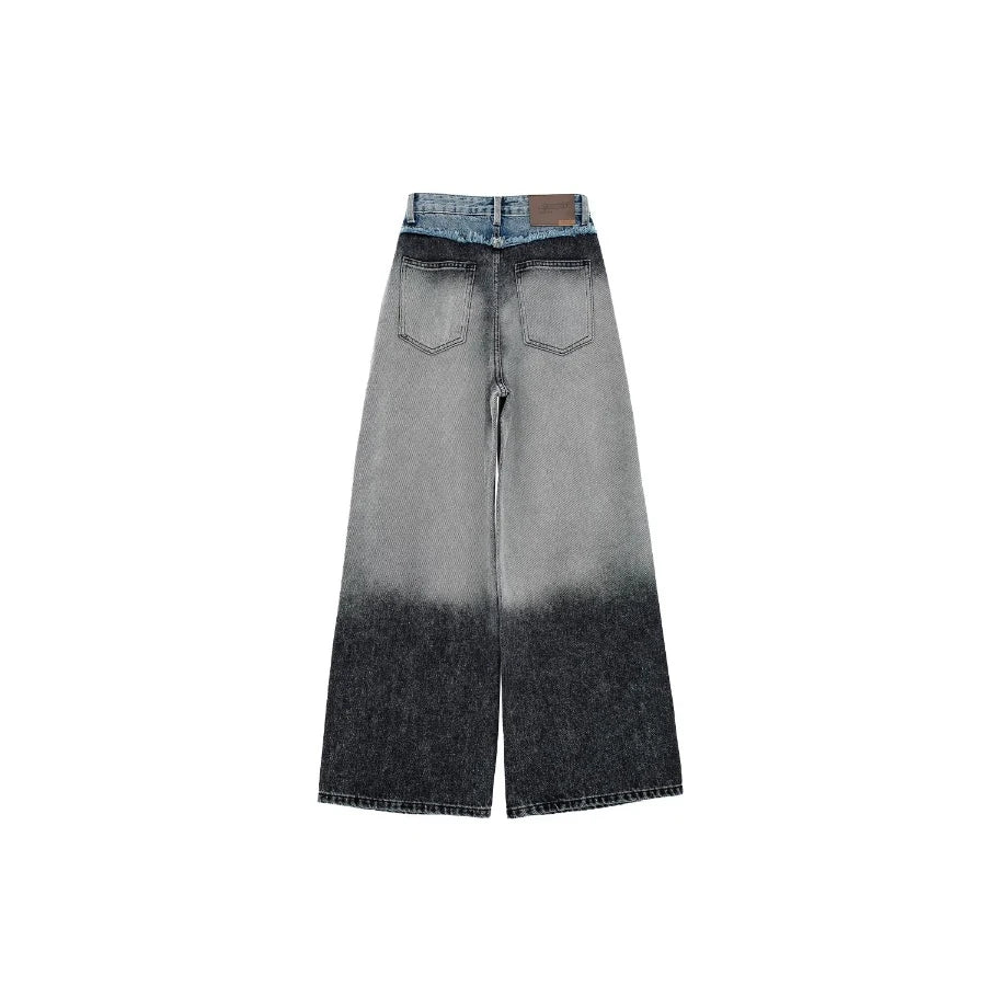 Women's Retro Two-Tone Wide Leg Baggy Denim Trousers