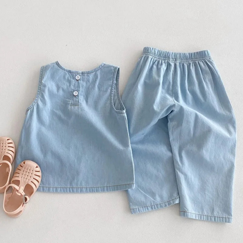 Denim Sleeveless Tops + Pants 2Pcs/Set