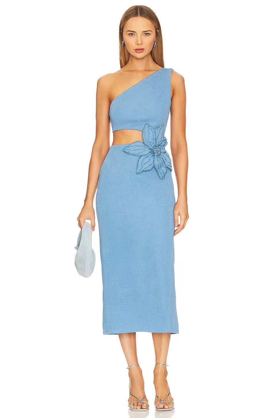 Sky Blue Asymmetrical Shoulder Hollow Out Bodycon Midi Dress