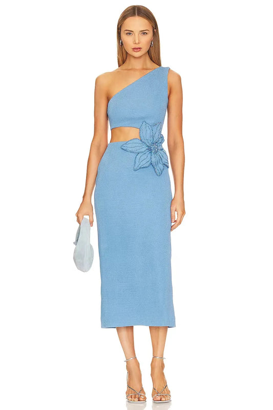 Sky Blue Asymmetrical Shoulder Hollow Out Bodycon Midi Dress