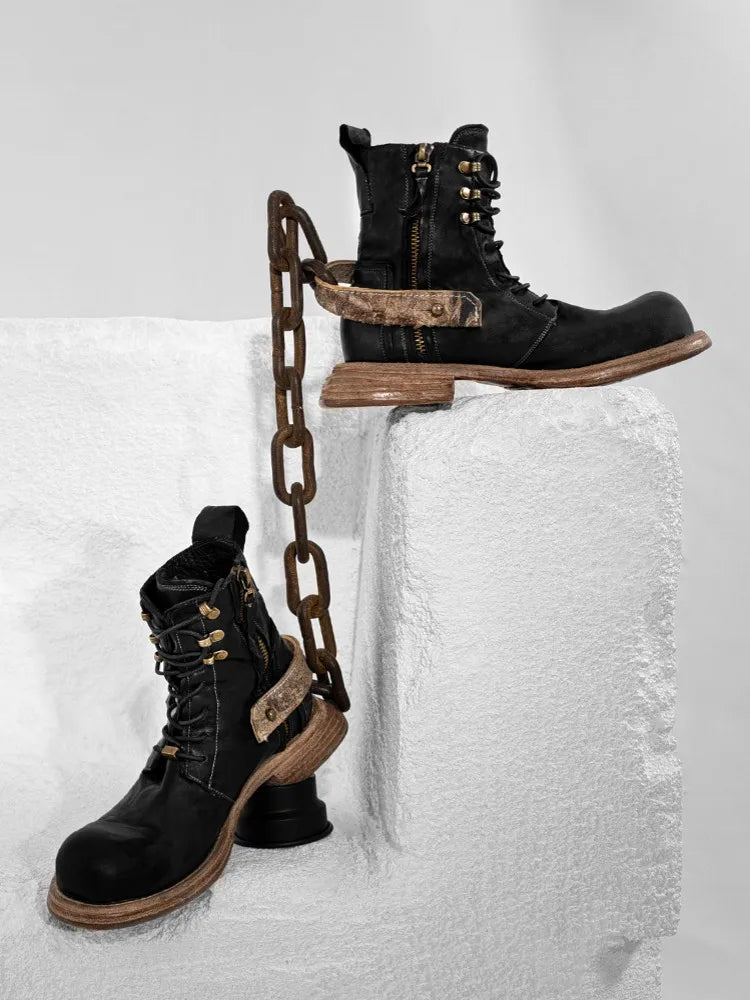 Genuine Leather BLK Ankle Winter Back Strap Lace-Up Boots